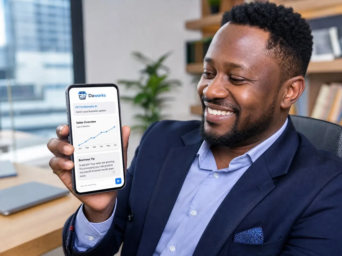Assistant Daworks AI donnant des conseils business basés sur les ventes