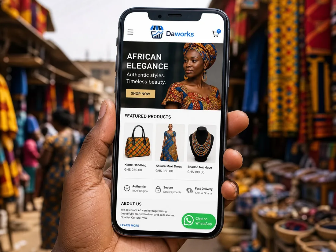 Boutique en ligne Daworks affichée sur téléphone avec catalogue de produits