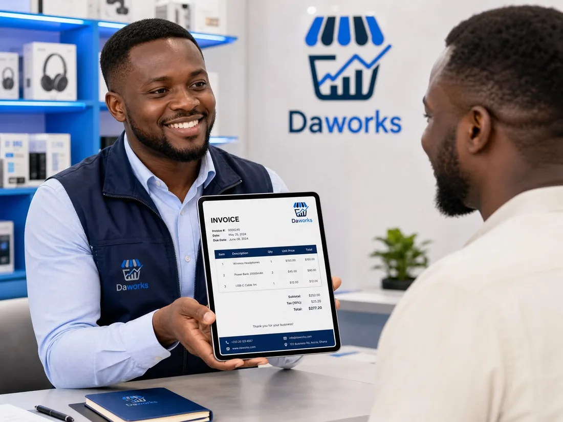 Un commerçant utilise Daworks pour montrer une facture générée automatiquement à son client